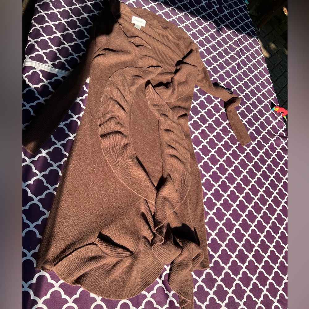 Chadwicks Full length Brown Cardigan Sweater with Ruffles Duster